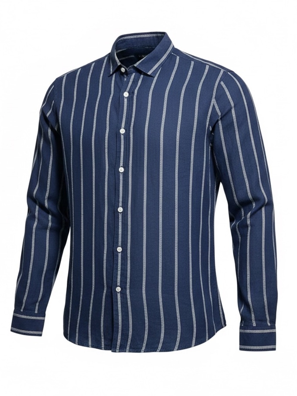 Tasso Elba Men's Navy Blue Linen Blend Vertical Striped Long Sleeve Shirt XXL
